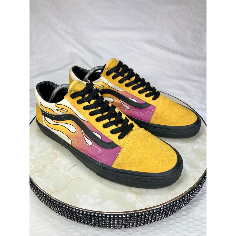 Vans Old Skool Flame Print Sneakers Men 11 Yellow Pink Suede Low Top Skate Shoes